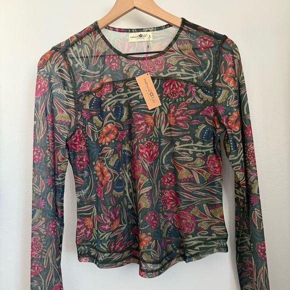 Natiral Life Large NEW Sloane Mesh Sheer Long Sleeve Top Floral Green Spring - Picture 2 of 6